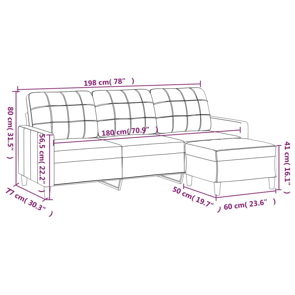 Light Gray 3-Seater Fabric Sofa with Footstool I786
