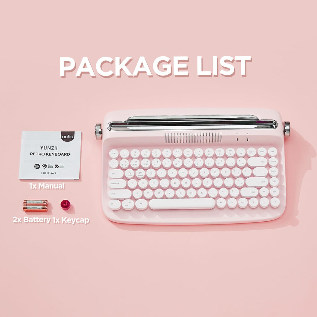 Wireless Retro Typewriter Bluetooth Keyboard Baby Pink W7562