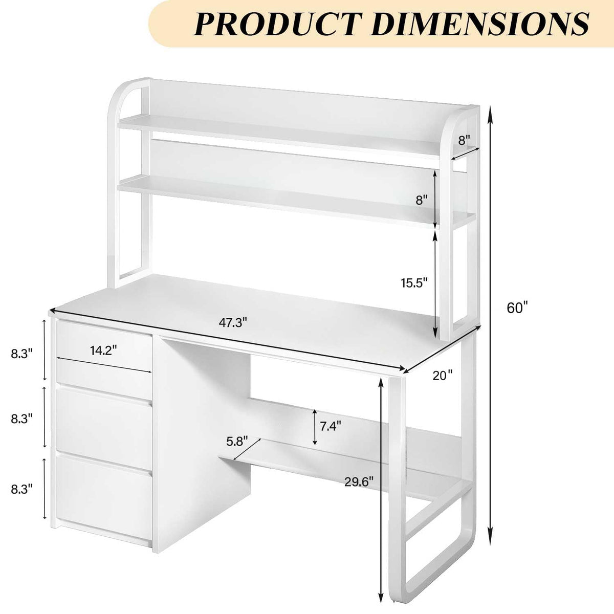 White Desk with Hutch, 47 Inch Computer Desk with 3 Drawers J292