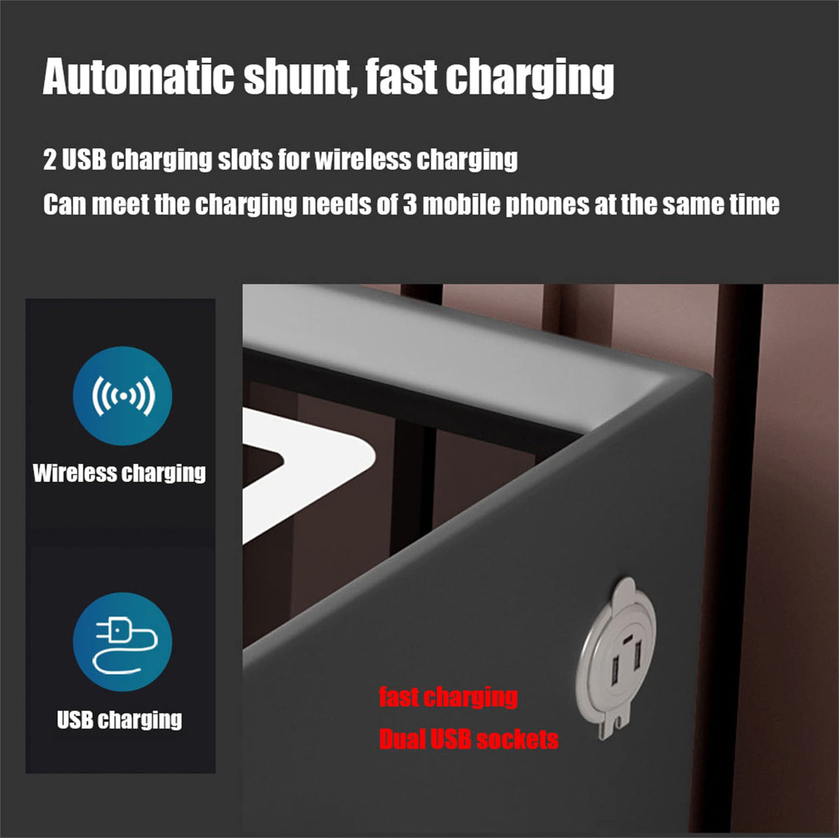 Black 3 Drawer Smart Bedside Table with LED Light and Wireless Charging Y586