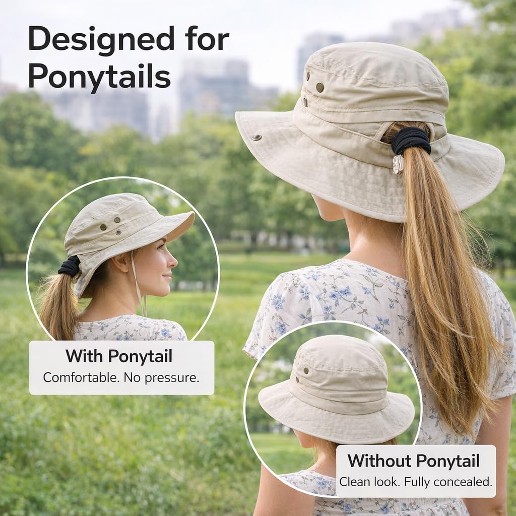 Ponytail Sun Hat Waterproof UPF 50+ Wide Brim E212