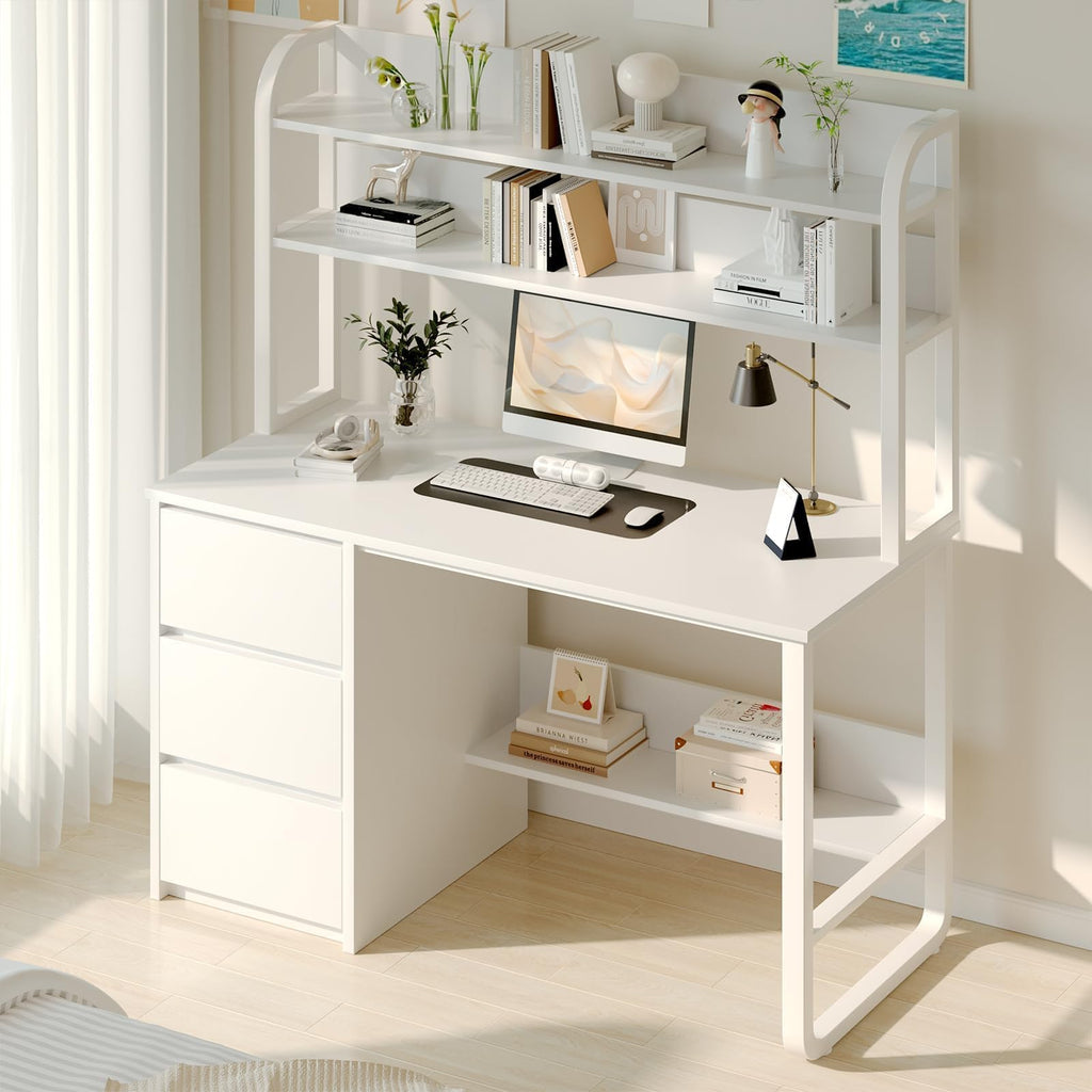 White Desk with Hutch, 47 Inch Computer Desk with 3 Drawers J292