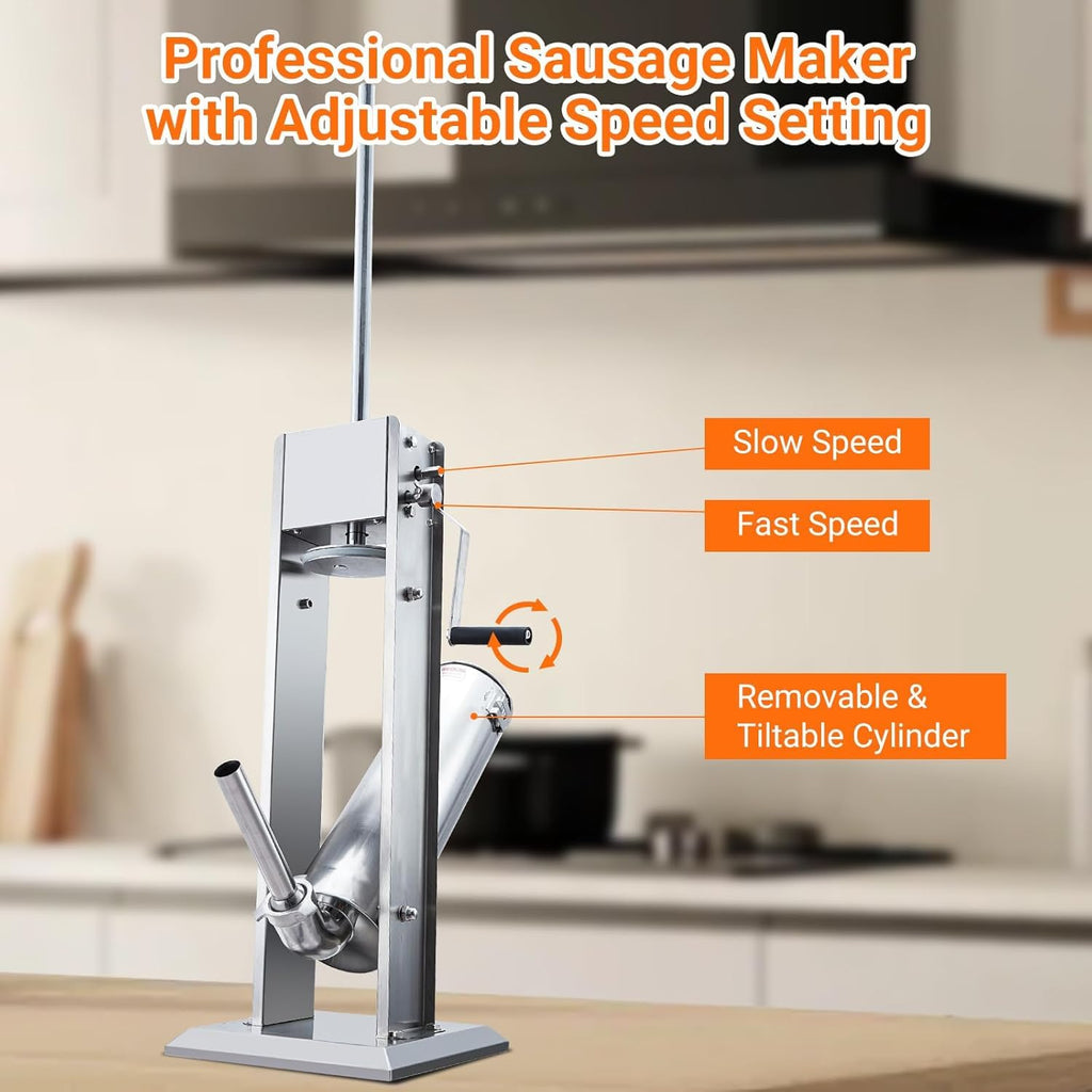 15LBS/7L Two Speed Stainless Steel Sausage Stuffer with 4 Stuffing Tubes S1157