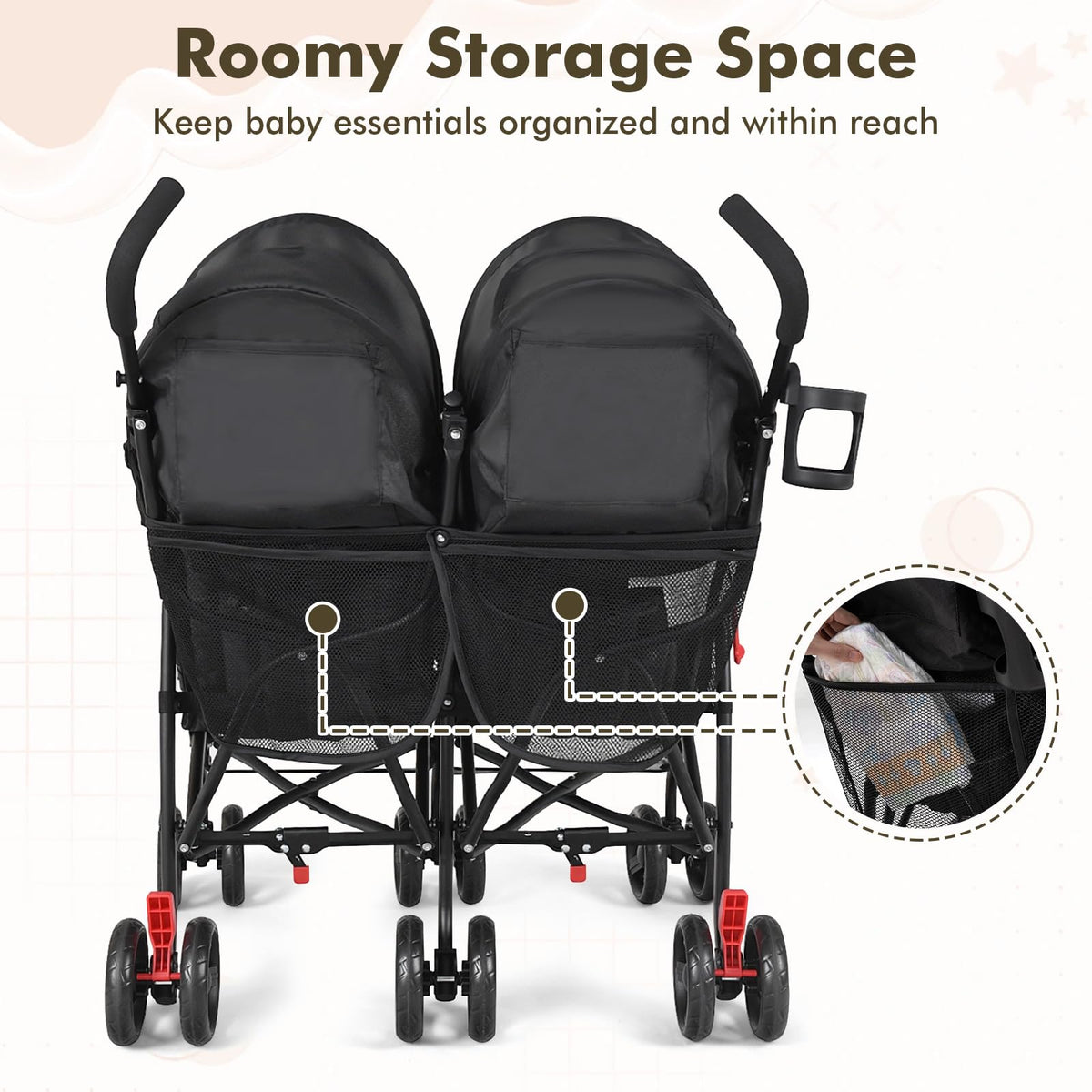 Lightweight Double Umbrella Stroller with Cup Holder and Adjustable Canopy Q1113