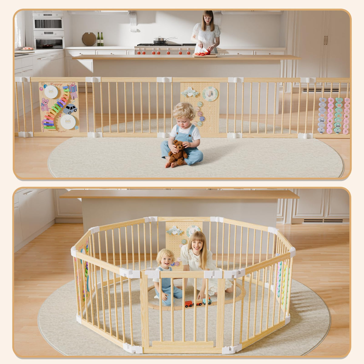 Foldable Wood Baby Playpen with Built-in Toys 57"x57" E3287