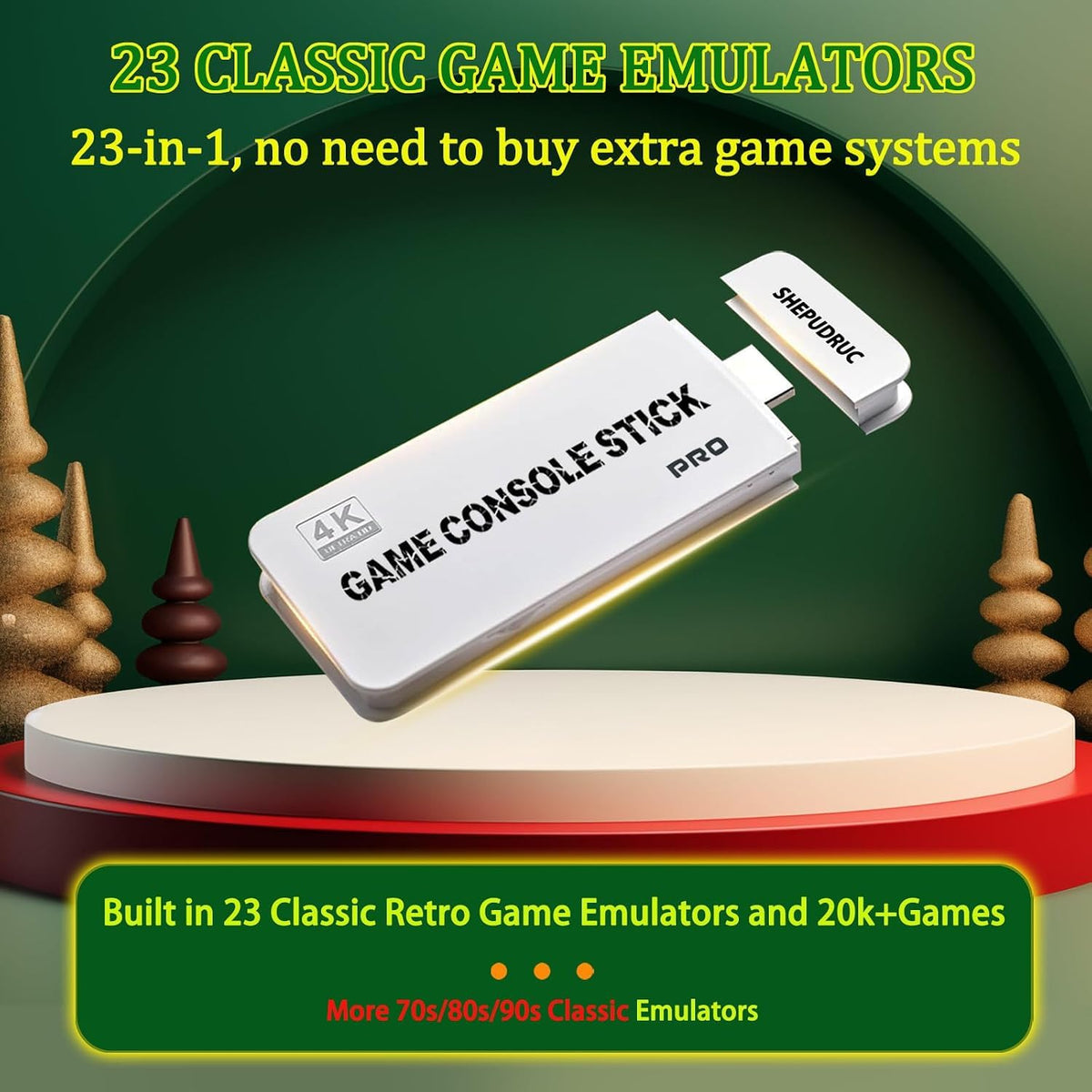 Wireless Retro Gaming Console Stick, 23 Built-In Emulators, 20,000+ Games, 4K HDMI Output, Dual 2.4G Wireless Controllers, 64GB D2962