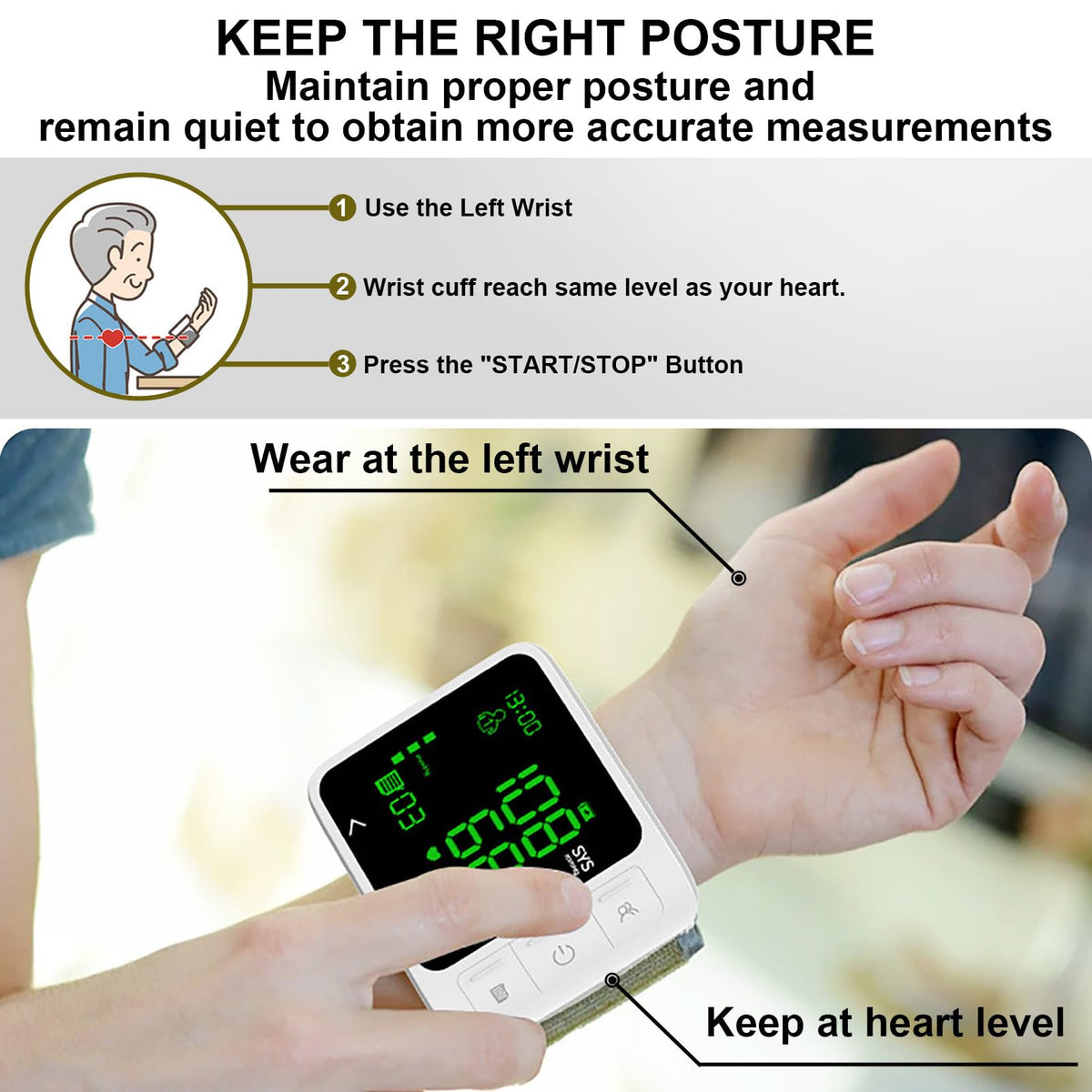 Wrist Blood Pressure Monitor with 2 Users Memory LCD Display U444320