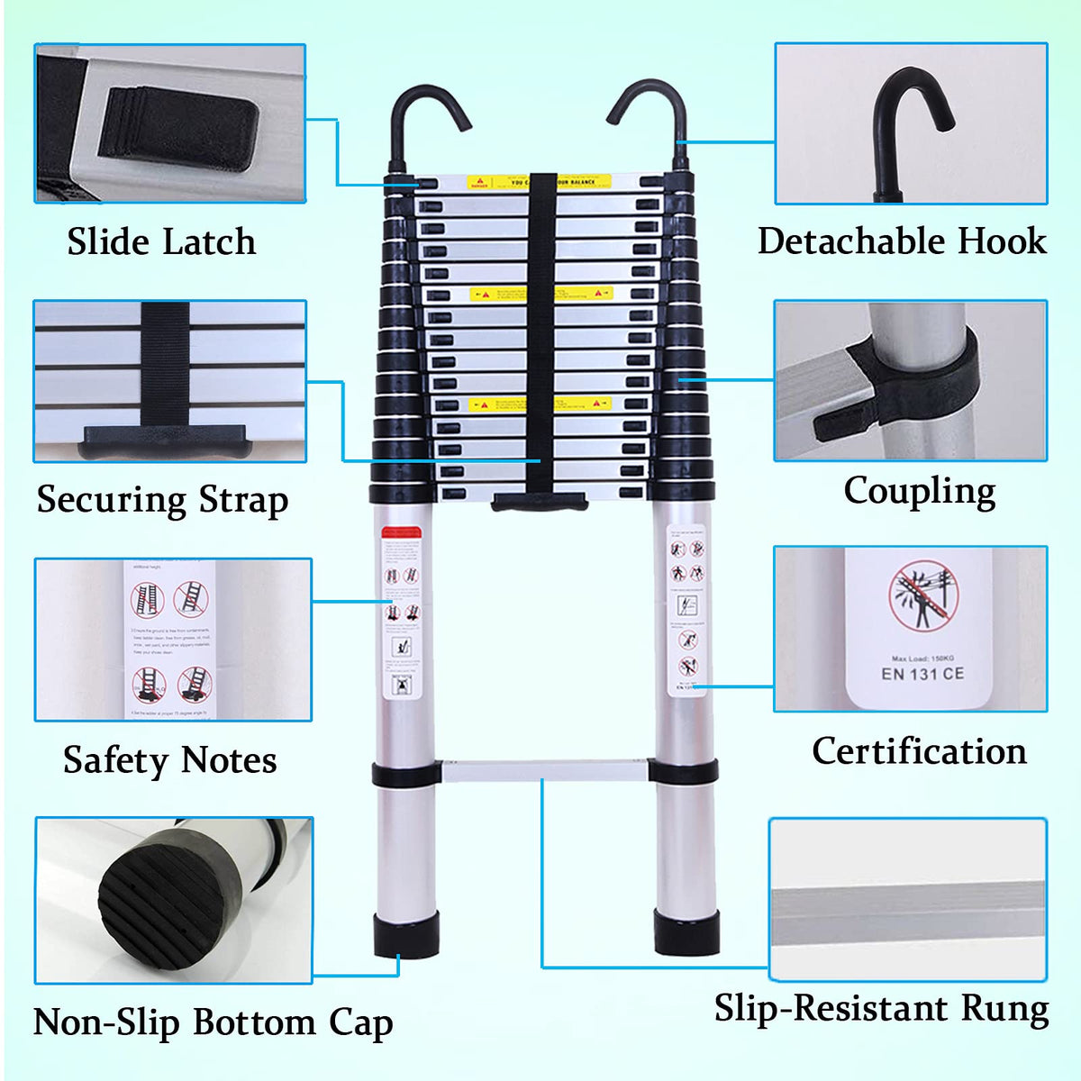 20.5FT Aluminum Telescoping Ladder with 2 Detachable Hooks H981857