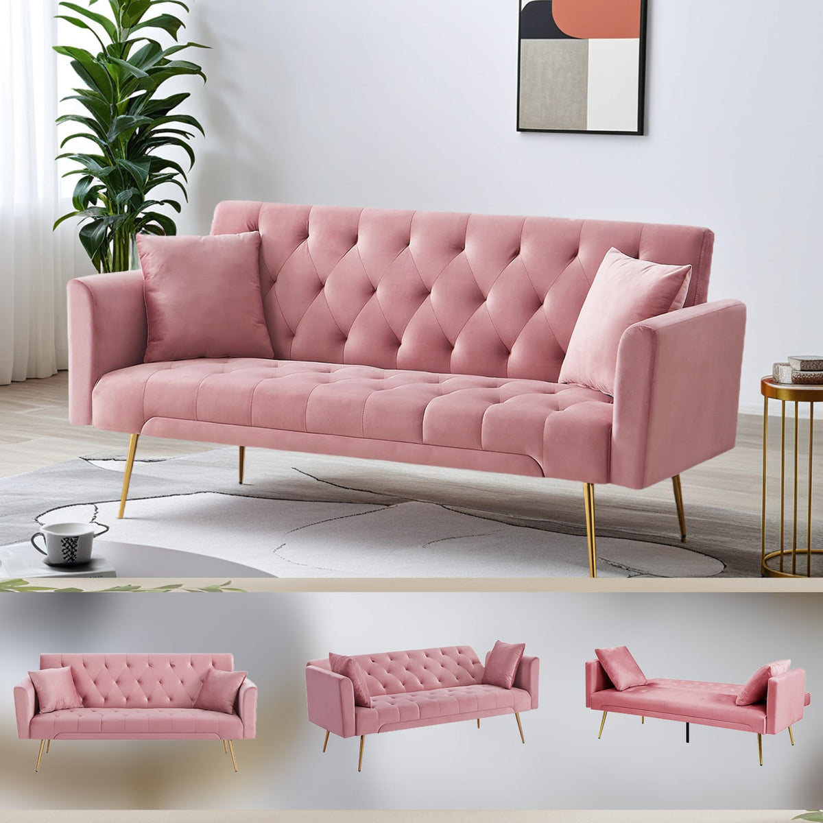 Pink Velvet Convertible Sleeper Sofa Bed C8802