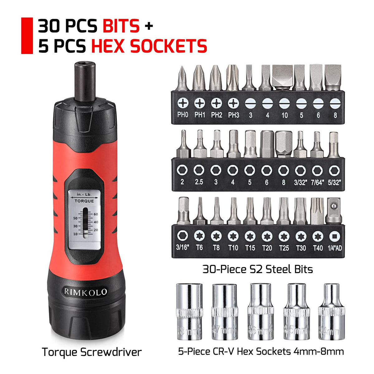 Torque Screwdriver Wrench Set with 29 S2 Alloy Bits & 5 Drive Sockets D37937
