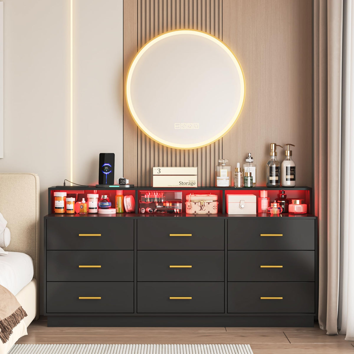 Black 9 Drawer Wood Dresser E878