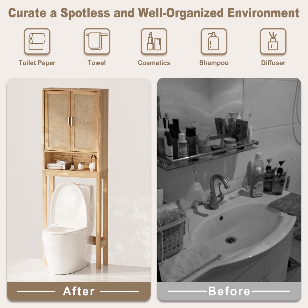 Over the Toilet Storage Cabinet with Rattan Doors R270