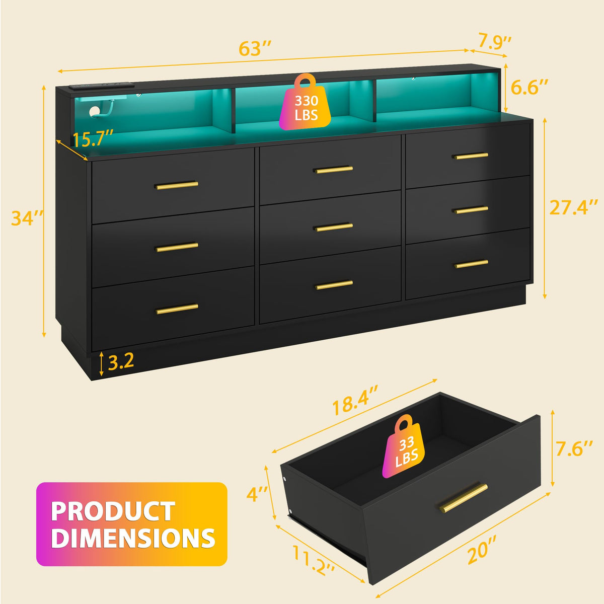 Black 9 Drawer Wood Dresser E878