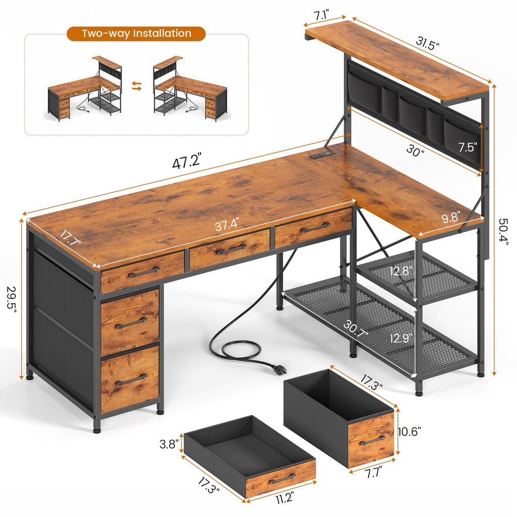47.2" Reversible L Shaped Office Desk with Drawers F607
