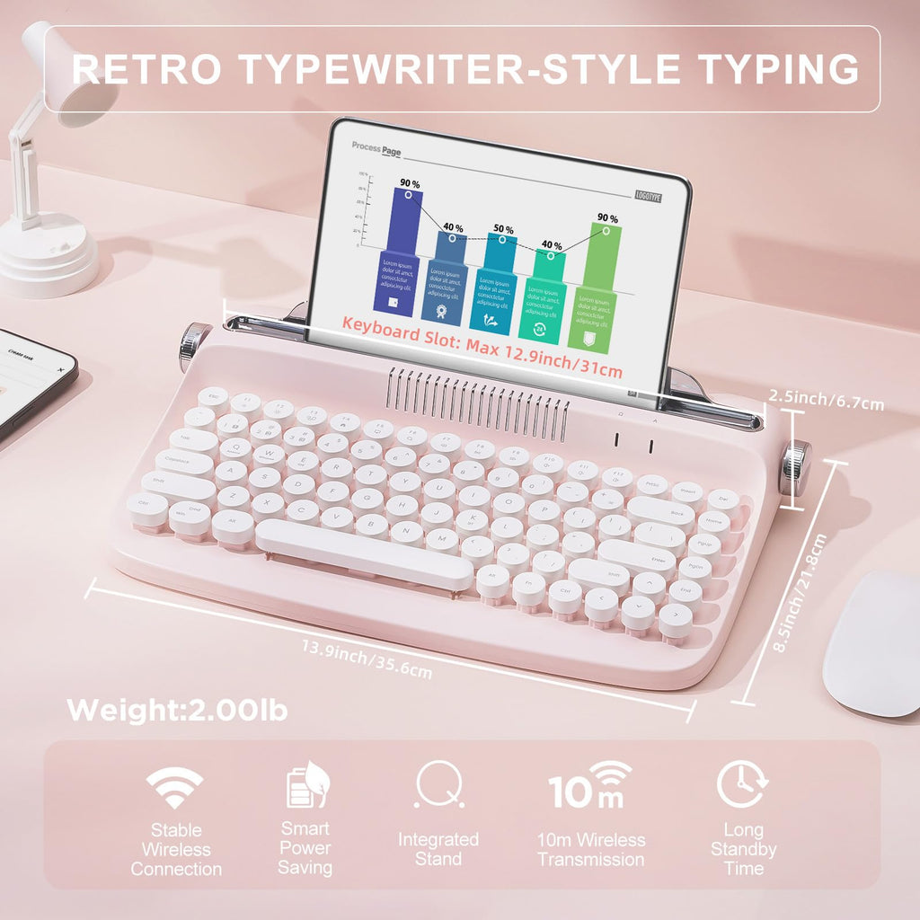 Wireless Retro Typewriter Bluetooth Keyboard Baby Pink W7562