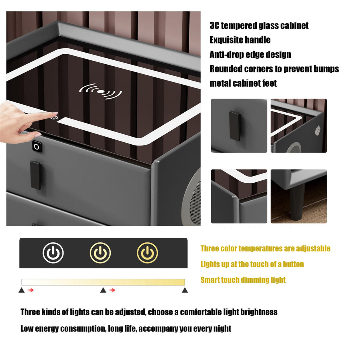 Black 3 Drawer Smart Bedside Table with LED Light and Wireless Charging Y586
