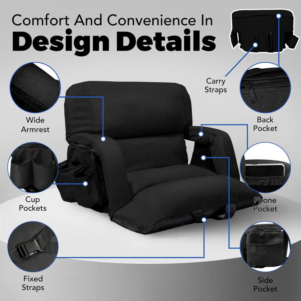 Extra Wide Stadium Seats With Back Support 2 Pack, 6 Reclining Positions, Black, 25" S8793