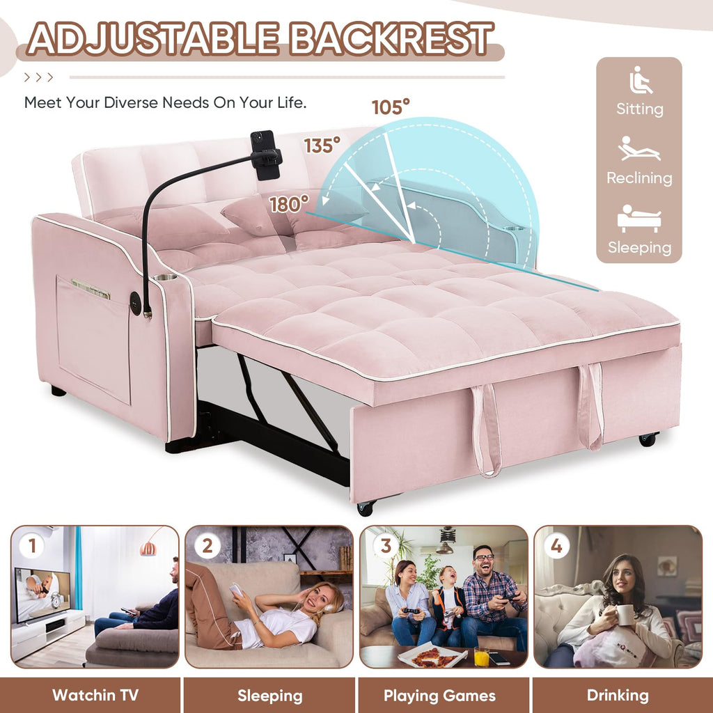 Pink Velvet Convertible Sleeper Sofa Bed U7203
