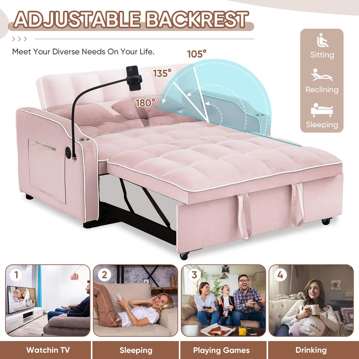 Pink Velvet Convertible Sleeper Sofa Bed U7203