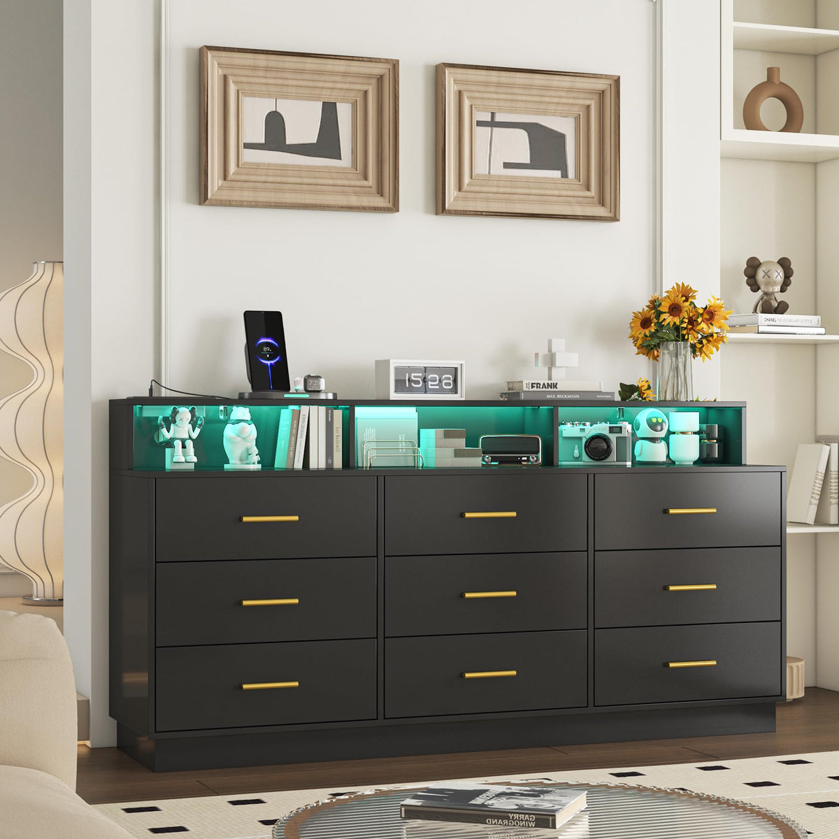 Black 9 Drawer Wood Dresser E878