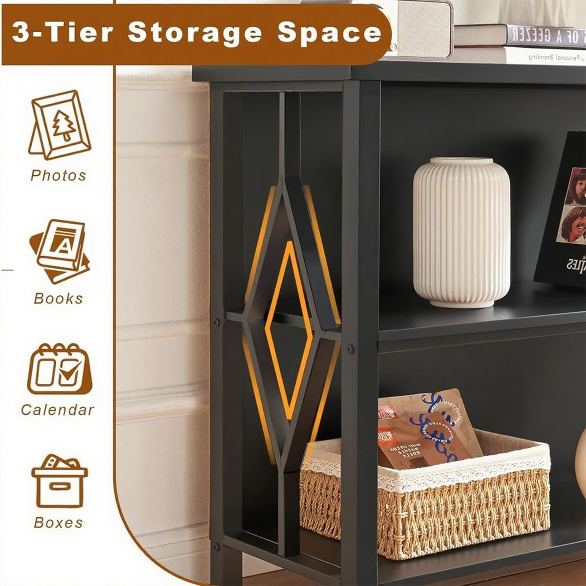 Black 3-Tier Engineered Wood Bookshelf M3040
