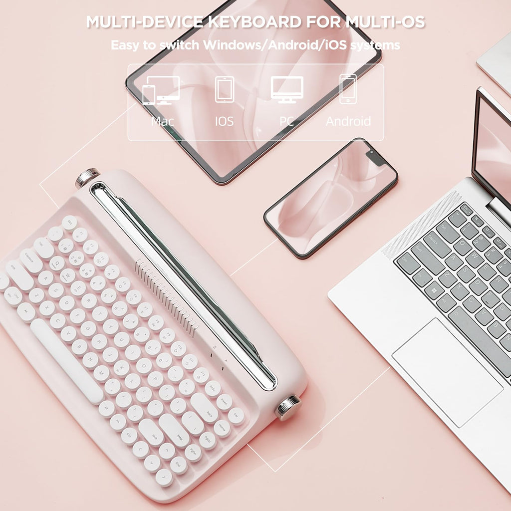 Wireless Retro Typewriter Bluetooth Keyboard Baby Pink W7562