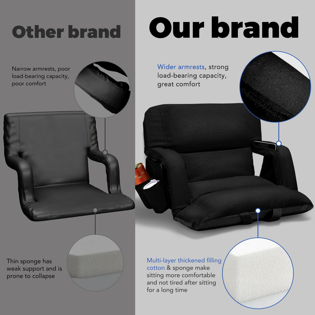 Extra Wide Stadium Seats With Back Support 2 Pack, 6 Reclining Positions, Black, 25" S8793