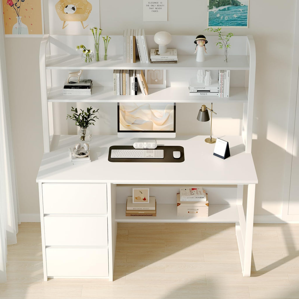 White Desk with Hutch, 47 Inch Computer Desk with 3 Drawers J292