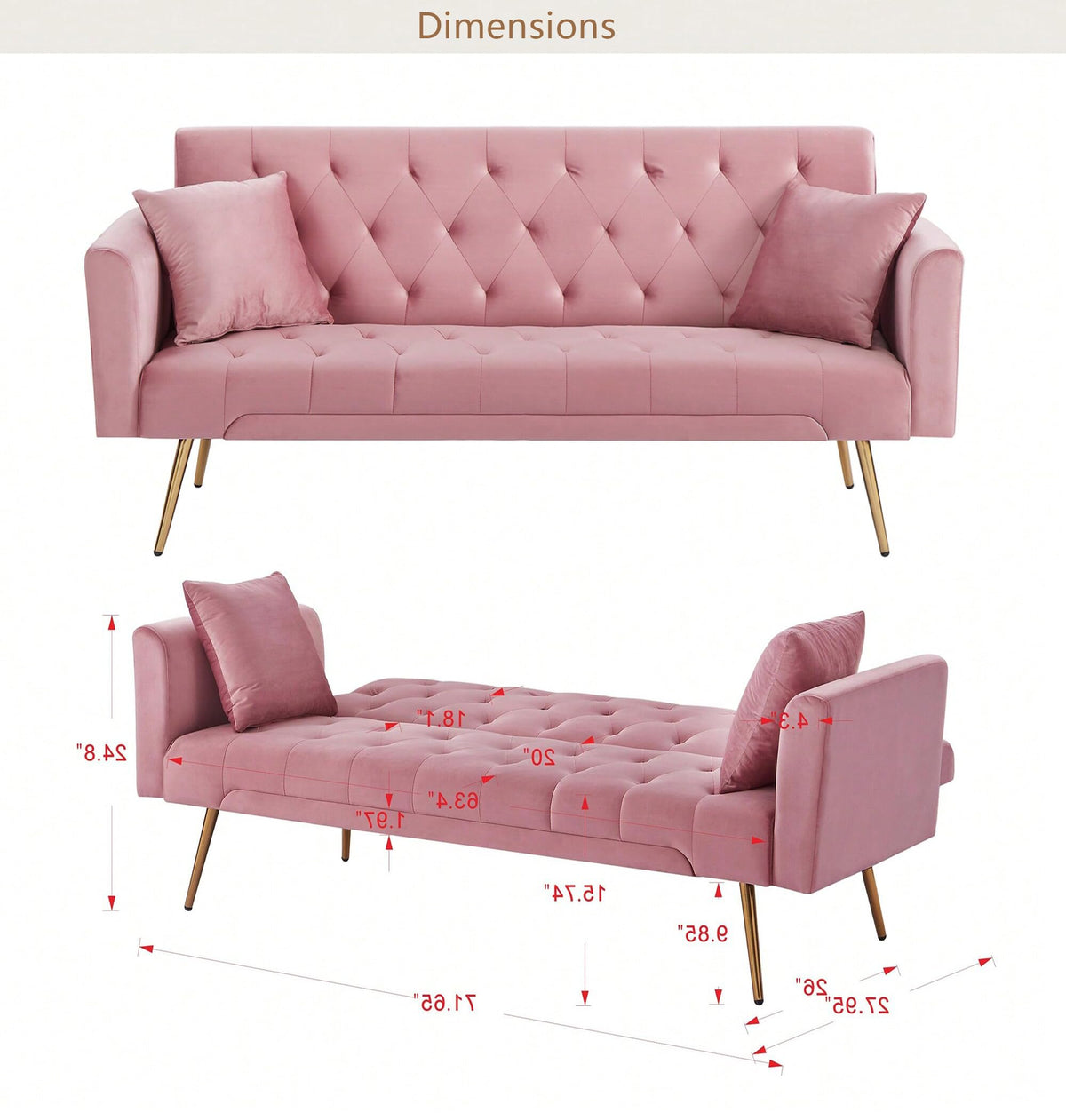 Pink Velvet Convertible Sleeper Sofa Bed C8802