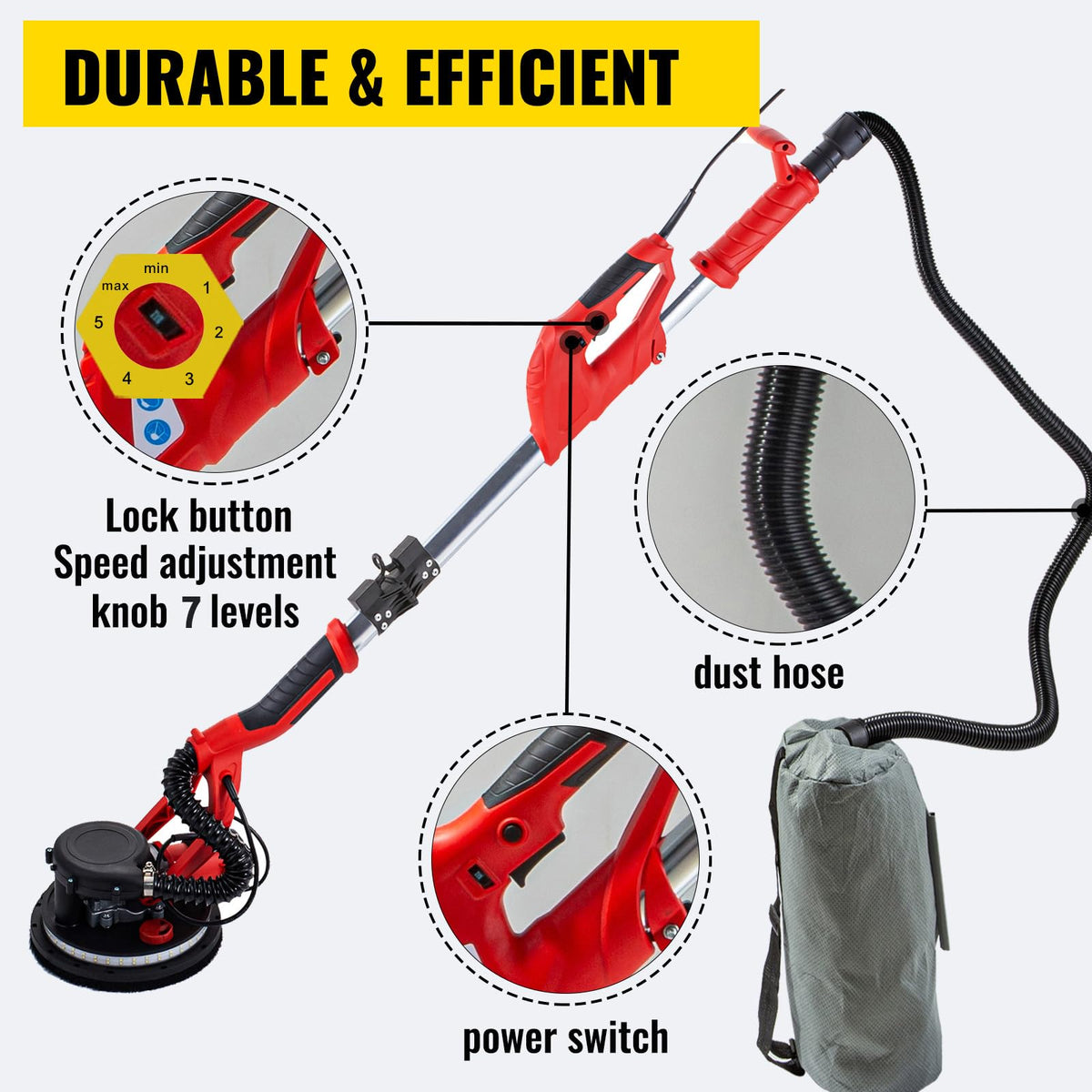 850W Variable Speed Electric Drywall Sander with Vacuum Bag U8935