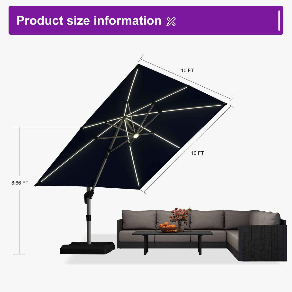 Navy Blue 10' X 10' Solar LED Patio Umbrella with Base J448268