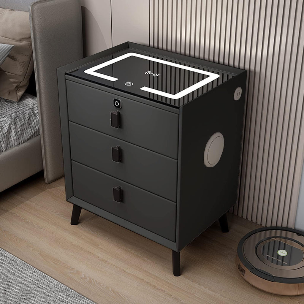 Black 3 Drawer Smart Bedside Table with LED Light and Wireless Charging Y586