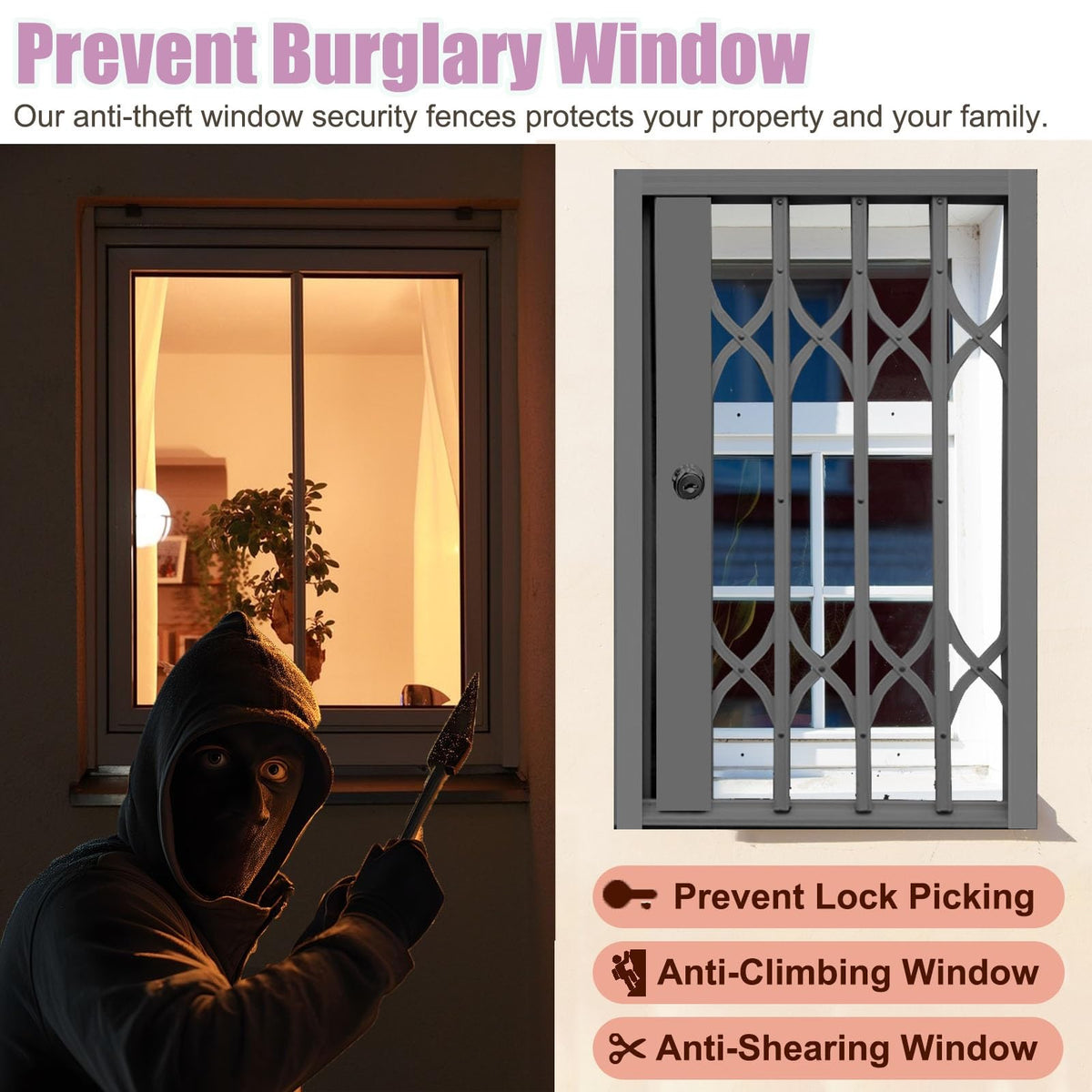Lockable Folding Aluminum Window Safety Guards, Adjustable Width 24-36 Inch, Black U602