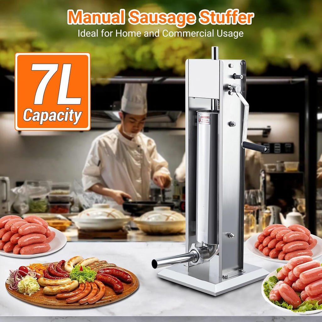 15LBS/7L Two Speed Stainless Steel Sausage Stuffer with 4 Stuffing Tubes S1157