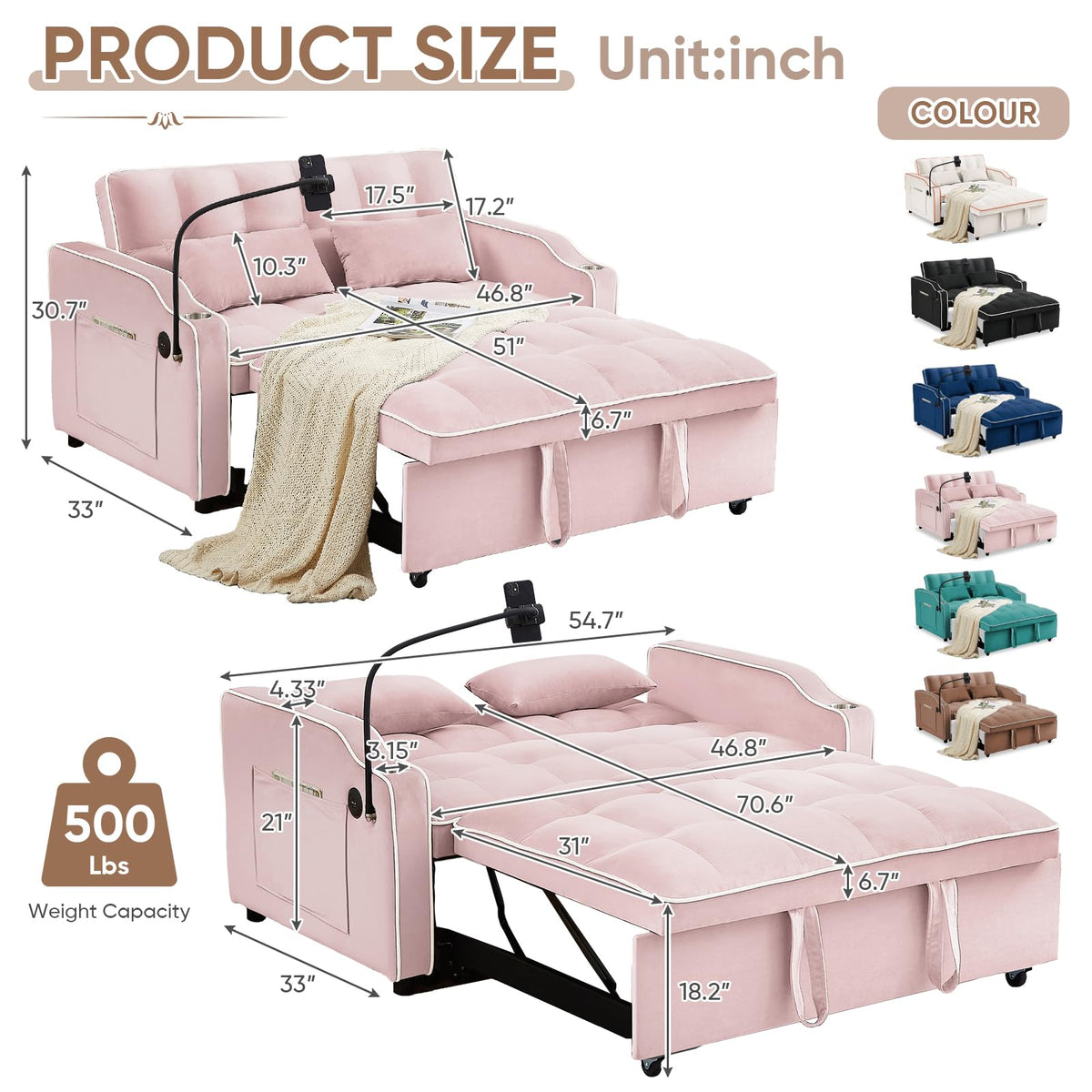 Pink Velvet Convertible Sleeper Sofa Bed U7203