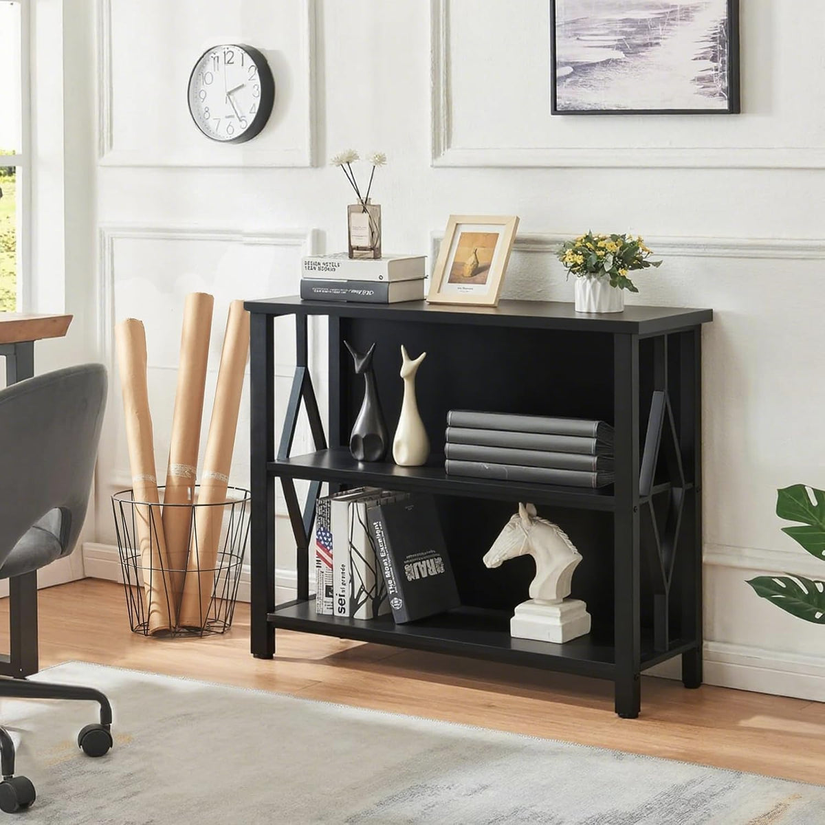 Black 3-Tier Engineered Wood Bookshelf M3040