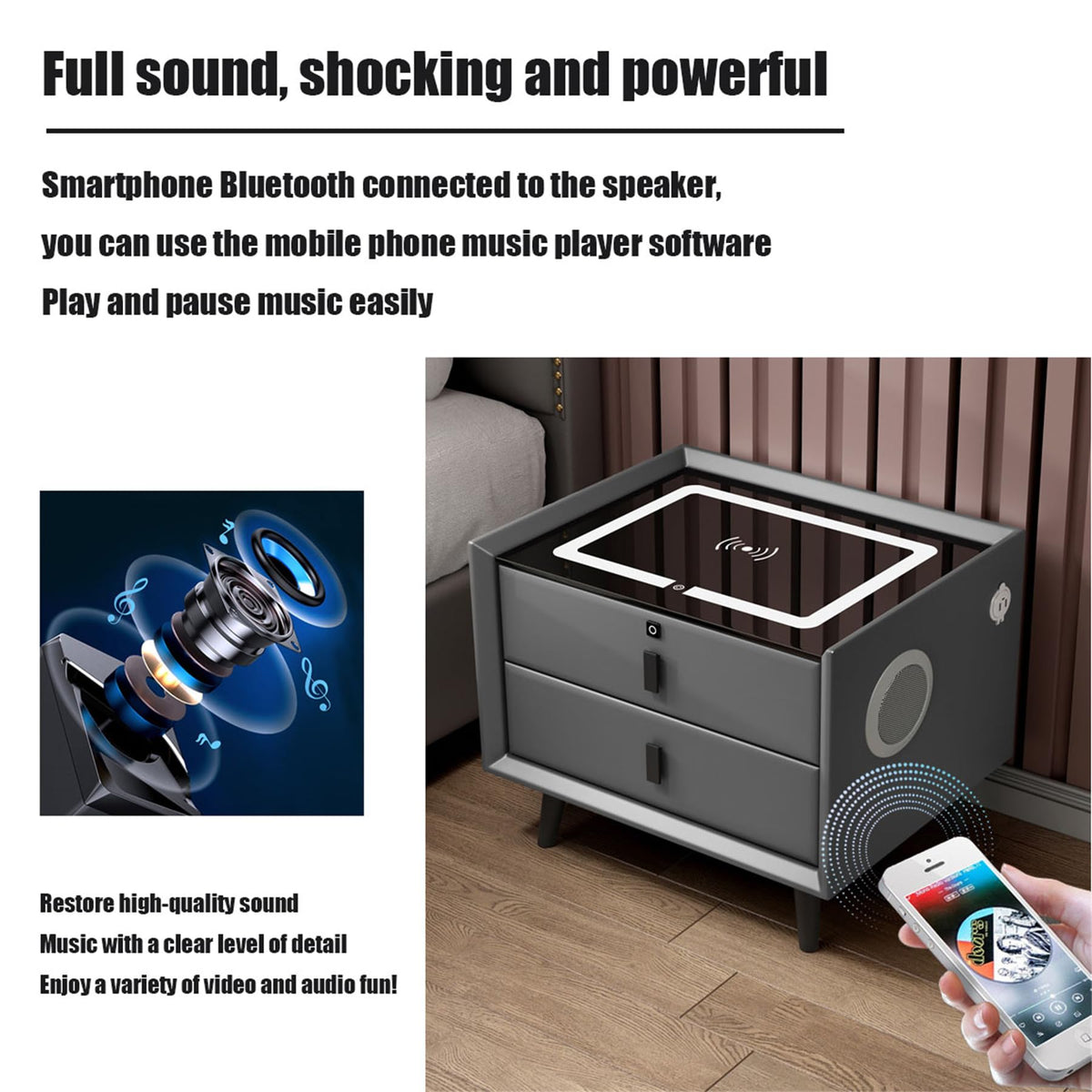 Black 3 Drawer Smart Bedside Table with LED Light and Wireless Charging Y586