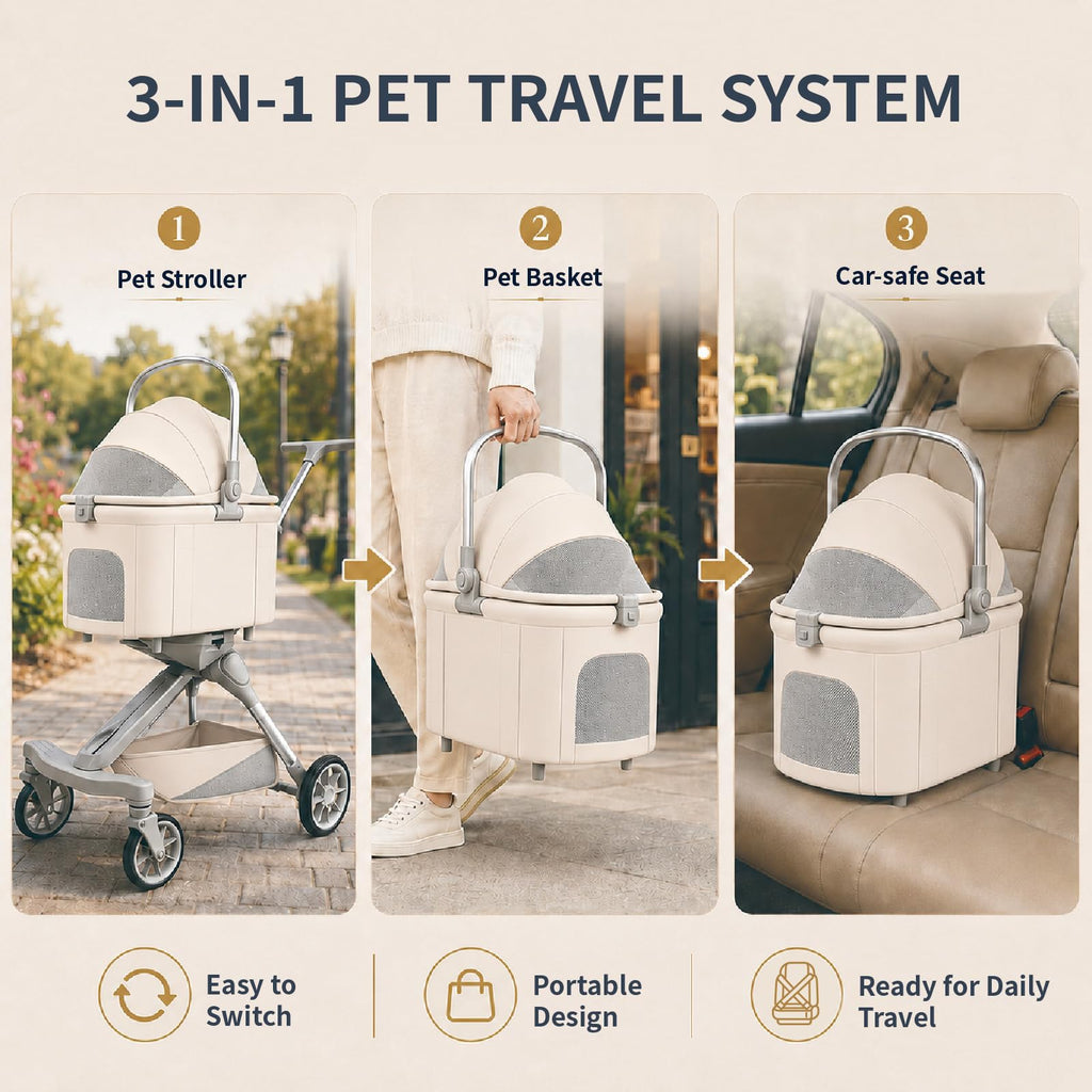 Khaki Dog Stroller with Detachable Carrier A684