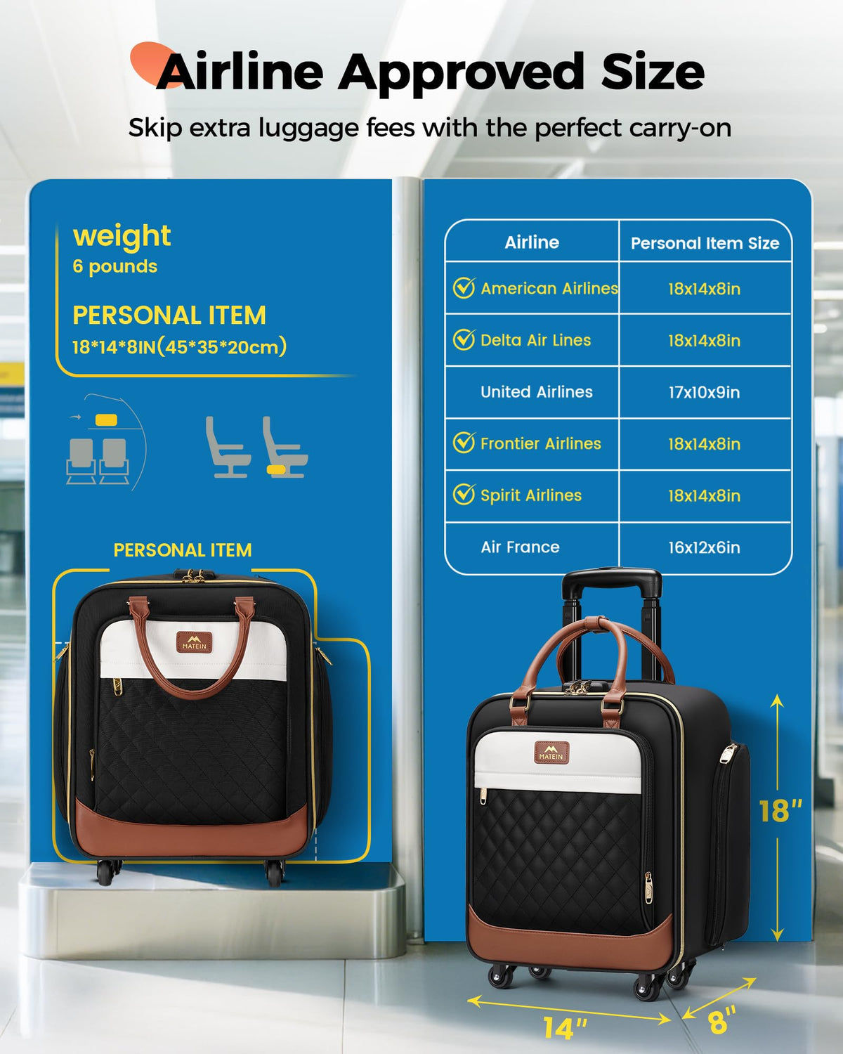 16" Rolling Underseat Carry On Luggage with Wheels V9947