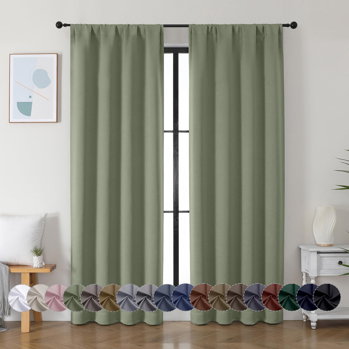 Sage Green Blackout Curtains, 72 Inch, 2 Panels Set Y895