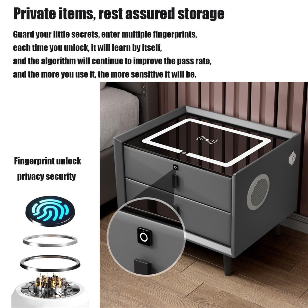 Black 3 Drawer Smart Bedside Table with LED Light and Wireless Charging Y586