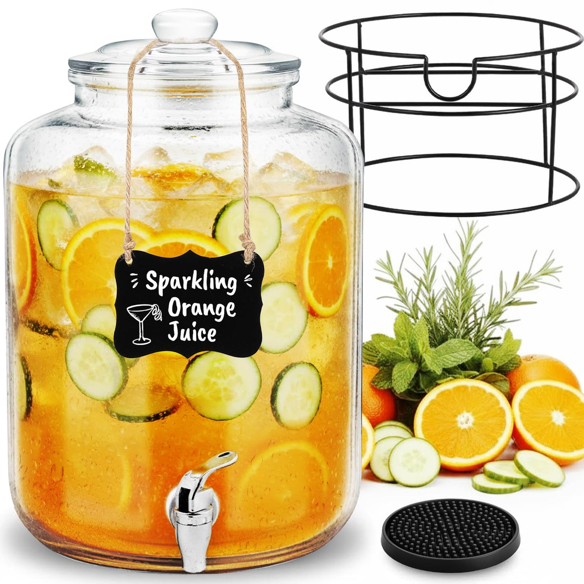 4 Gallon Glass Beverage Dispenser with Stand and Spigot A86843