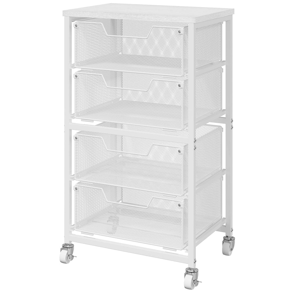 White 4 Drawer Rolling Storage Cart with Wooden Top C7582