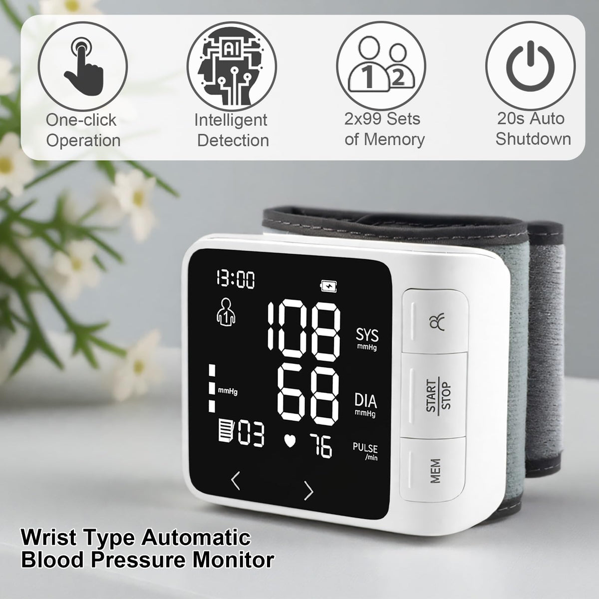 Wrist Blood Pressure Monitor with 2 Users Memory LCD Display U444320