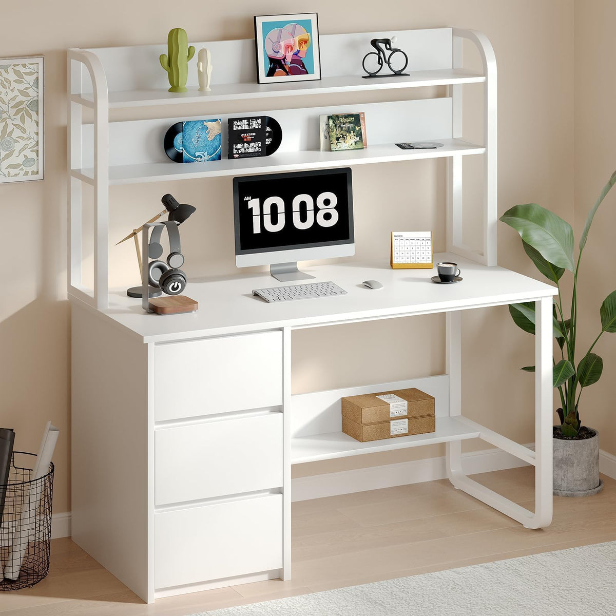 White Desk with Hutch, 47 Inch Computer Desk with 3 Drawers J292