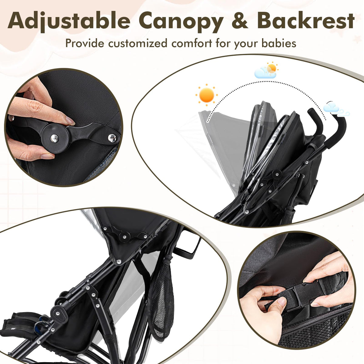 Lightweight Double Umbrella Stroller with Cup Holder and Adjustable Canopy Q1113