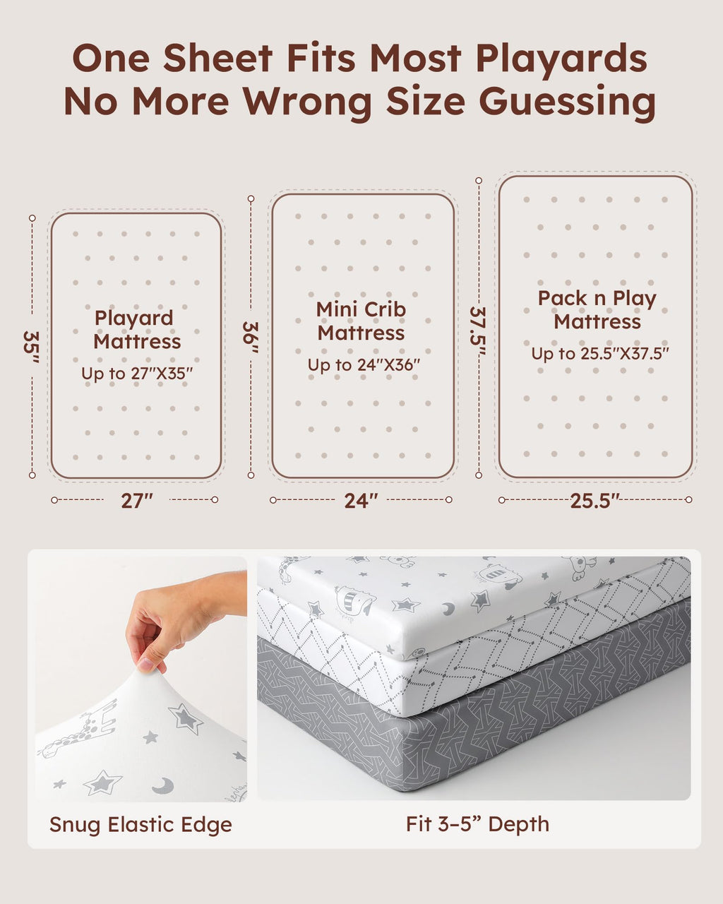 Baby Pack and Play Sheets Fitted 38x26 White Dark Gray C3660