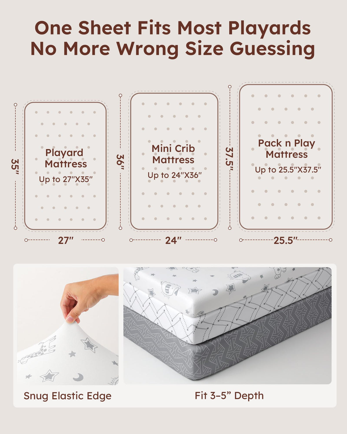 Baby Pack and Play Sheets Fitted 38x26 White Dark Gray C3660