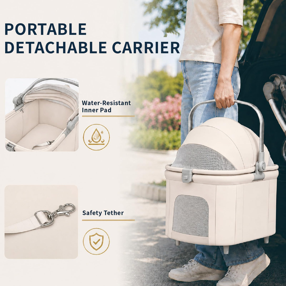 Khaki Dog Stroller with Detachable Carrier A684