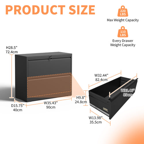 2 Drawer Black Metal File Cabinet with Lock H6548